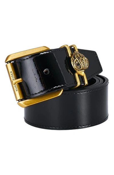 Kurt Geiger Patent Leather Belt In Black With Antique Brass