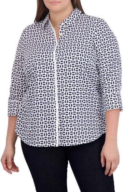 Foxcroft Charlie Geometric Print Cotton Button-up Shirt In White/ Navy