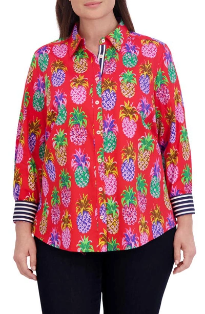 Foxcroft Zoey Pineapple Button-up Shirt In Red/multi