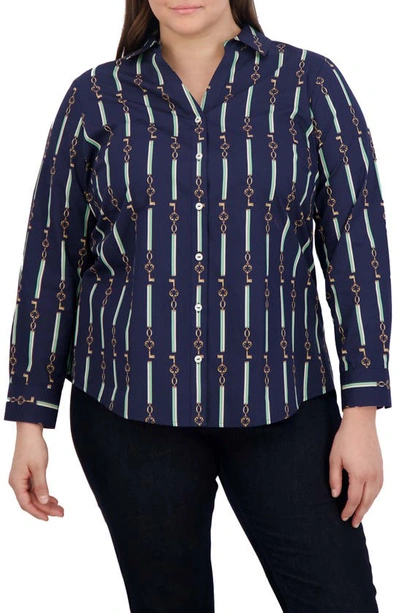 Foxcroft Mary Key Stripe Cotton Button-up Shirt In Navy Multi