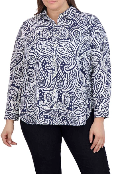 Foxcroft Meghan Paisley Print Cotton Button-up Shirt In Navy/ White