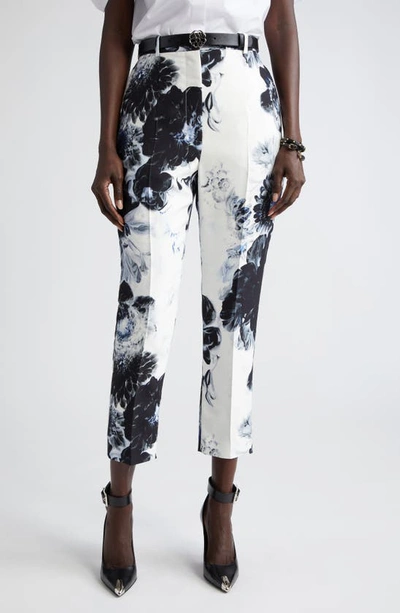Alexander Mcqueen Chiaroscuro Floral High Waist Cady Cigarette Trousers In Blue