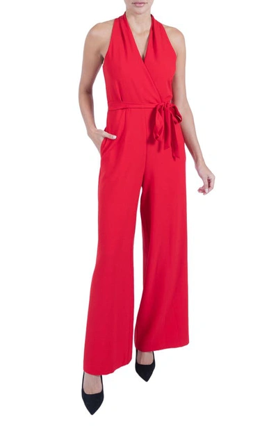 Julia Jordan Tie Waist Wide Leg Jumpsuit In Red