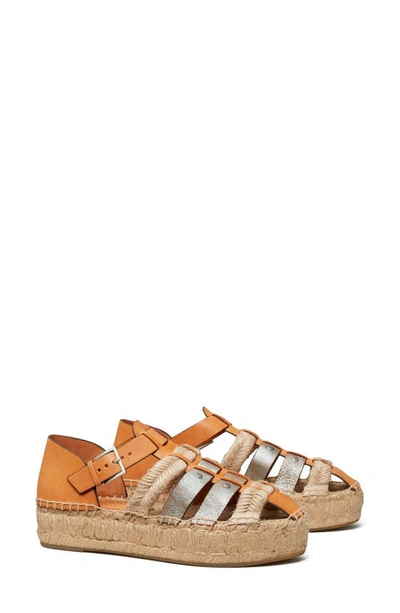 Tory Burch Fisherman Platform Espadrille In Brandy/silver/silver