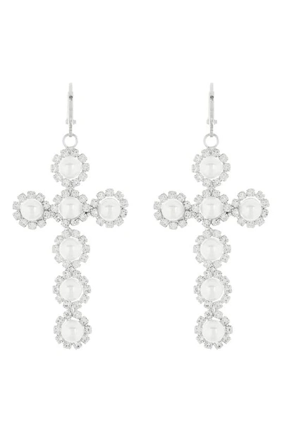 Tasha Imitation Pearl & Crystal Cross Drop Huggie Hoop Earrings In Silver