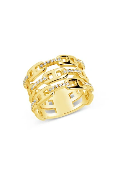 Sterling Forever Faux Stack Cz Station Chain Ring In Gold