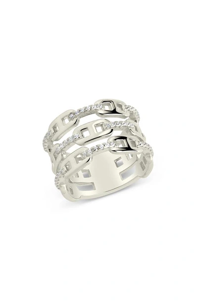 Sterling Forever Faux Stack Cz Station Chain Ring In Silver