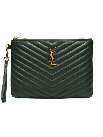 Saint Laurent Green Monogram Small Quilted Leather Pouch In Green