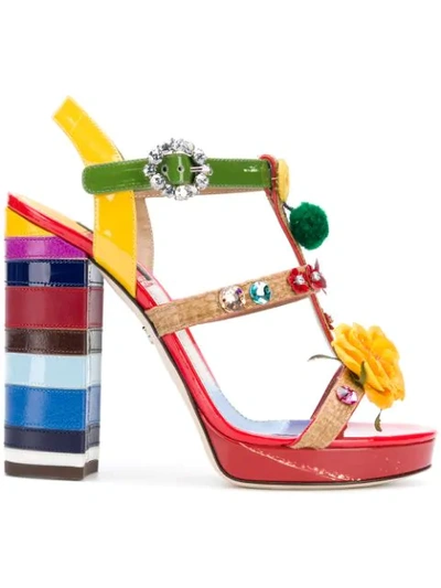 Dolce & Gabbana Wedge Sandals In A Mix Of Materials With Embroidery In Red