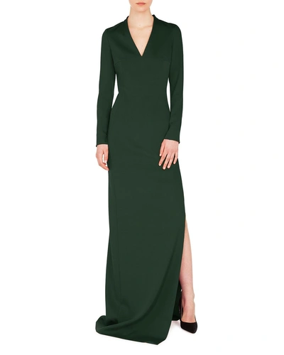 Akris V-neck Long-sleeve Side-slit Silk Stretch-crepe Evening Gown In Green