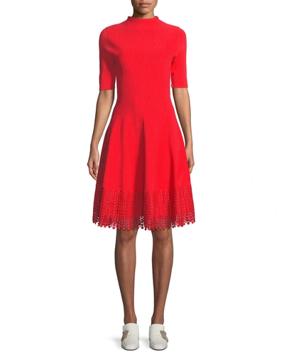 Lela Rose High-neck Elbow-sleeve Fit-and-flare Knit Dress With Lace Hem In Scarlet