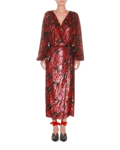 Attico Blouson-sleeve Plaid Sequin Wrap Robe Evening Dress In Red Pattern
