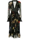 Oscar De La Renta Long-sleeve Flora & Fauna Print Silk Maxi Dress In Black