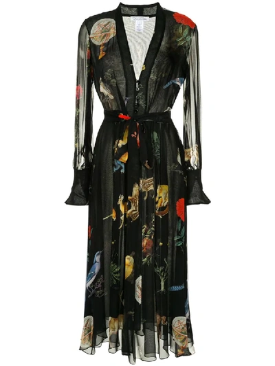 Oscar De La Renta Long-sleeve Flora & Fauna Print Silk Maxi Dress In Black