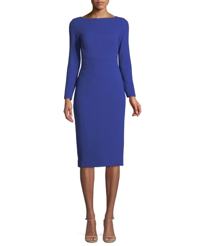 Lela Rose Boat-neck Long-sleeve Seamed Fitted Wool Dress In Blue