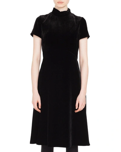 Akris Punto Mock-neck Short-sleeve Scuba Velvet A-line Midi-length Dress In Black