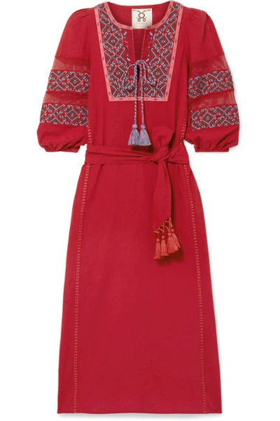 Figue Joni Crochet-trimmed Embroidered Cotton-voile Midi Dress In Red