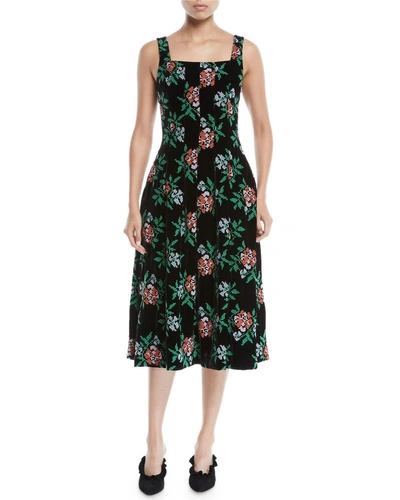 Novis Mumford Square-neck Sleeveless Fit-and-flare Floral-embroidered Velvet Midi Dress In Black Pattern