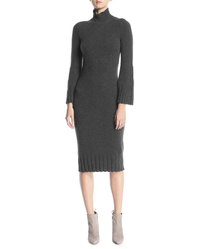 Gentry Portofino Turtleneck Long-sleeve Cashmere Dress W/ Ribbed Edges In Gray