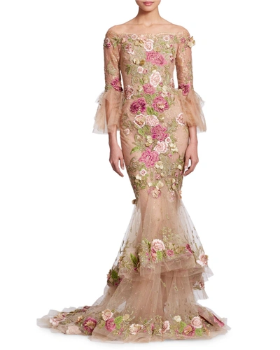 Marchesa Off-the-shoulder Bell-sleeve Tulle Evening Gown With 3-d Floral Appliques In Beige