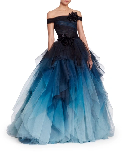 Marchesa Off-the-shoulder Corset Bodice Ombre Tulle Ball Gown W/ Velvet Flower Corsage In Teal