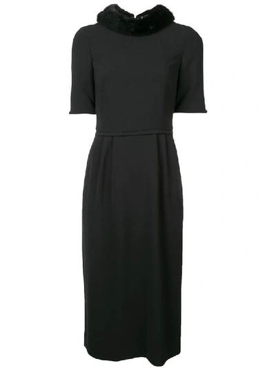 Carolina Herrera Mink-fur Short-sleeve A-line Wool Midi Dress In Black