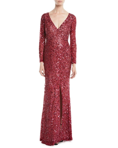 Rachel Gilbert V-neck Long-sleeve Sequin Embellished Evening Gown In Bright Pink