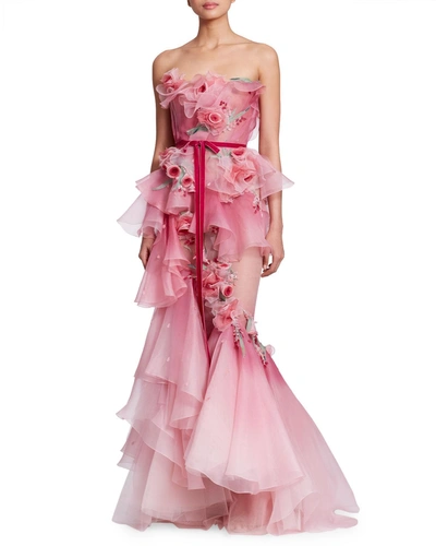 Marchesa Strapless Corset-bodice 3-d Rose Silk Organza Mermaid Evening Gown In Pink