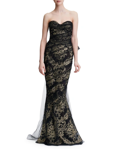 Marchesa Sweetheart-neck Damask Metallic Brocade Mermaid Evening Gown W/ Tulle Overlay In Black/gold