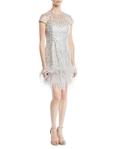 Roland Nivelais Short-sleeve Fitted Beaded Cocktail Dress W/ Feather Hem In Silver