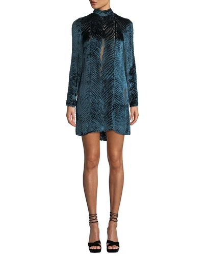 J Mendel Long-sleeve High-neck Velvet Burnout Cocktail Dress In Teal