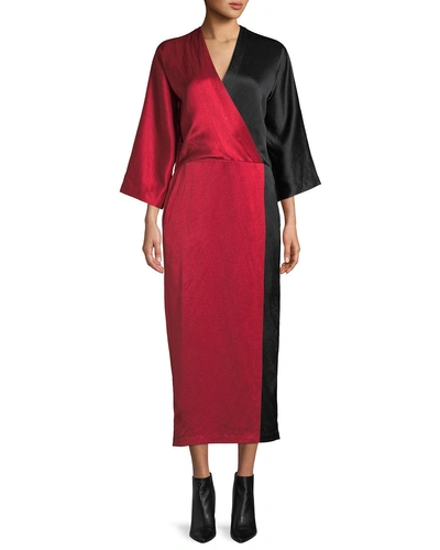 Zero + Maria Cornejo Oki Long-sleeve Colorblocked Long Satin Wrap Dress In Red/black