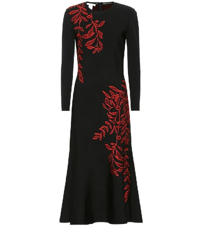 Oscar De La Renta Long-sleeve Crewneck Floral-embroidered Flared Knit Dress In Black