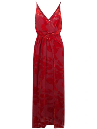 Galvan V-neck Sleeveless Gathered-waist Rose Velvet Devore Cami Evening Gown In Red