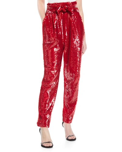 Sally Lapointe High-waist Straight-leg Sequin Pants In Red