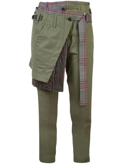 Sacai Pleated Wrap Skirt Glen-check Combo Skinny-leg Cotton Pants In Army Green