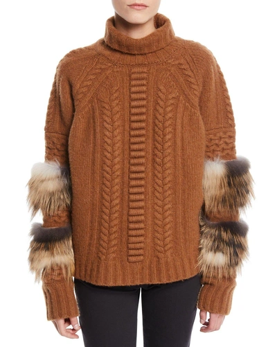 Sally Lapointe Turtleneck Long-sleeve Cable-knit Wool-cashmere Sweater W/ Fox Fur In Camel