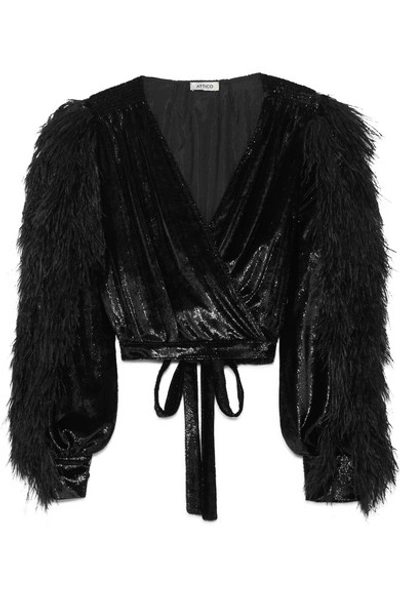 Attico Cropped Feather-trimmed Metallic Velvet Wrap Top In Black