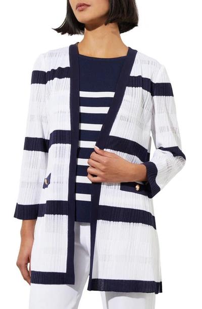 Ming Wang Rib Stripe Sheer Knit Jacket In White/ Indigo