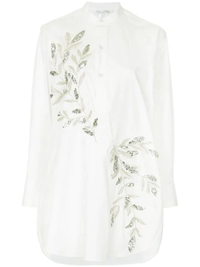 Oscar De La Renta Silver Fern Embroidered Button-down Boyfriend Blouse In White