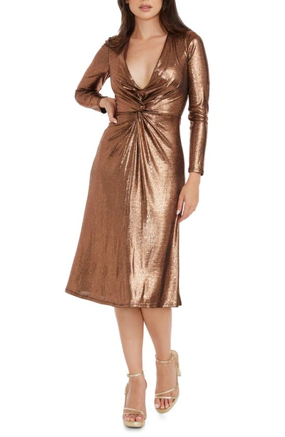 Dress The Population Daria Metallic Long Sleeve Fit & Flare Dress In Brown