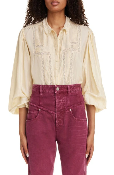 Isabel Marant Zayen Pleated Balloon Sleeve Lace Button-up Shirt In Beige