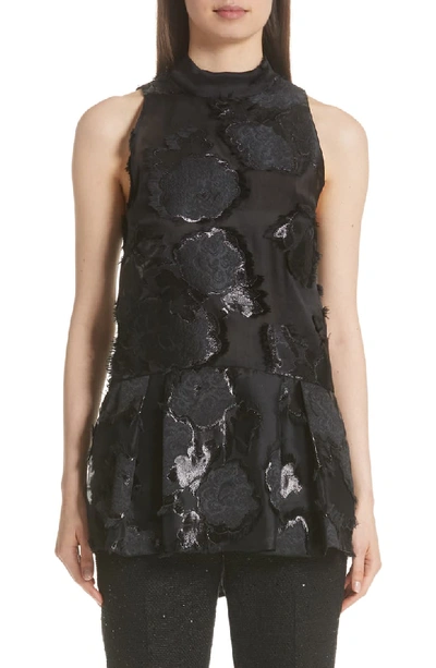 Lela Rose High-neck Sleeveless Floral-embroidered Peplum Top In Black