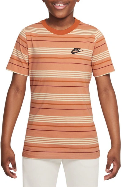 Nike Kids' Sportswear Stripe Cotton Logo T-shirt In Amber Brown/ Campfire Orange