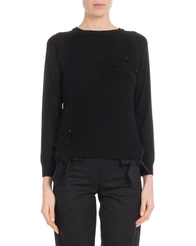 Simone Rocha Crewneck Cashmere Knit Patchwork Beaded Sweater In Black