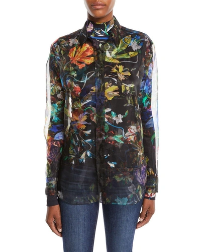 Mugler Long-sleeve Button-down 3-d Floral-print Organza Top In Black Pattern