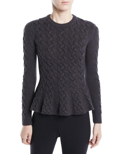 Jason Wu Crewneck Long-sleeve Peplum Cable-knit Merino Wool Sweater In Charcoal