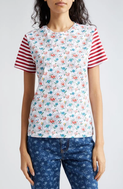 Molly Goddard Floral Stripe Fitted Cotton Jersey T-shirt In White Floral Red Cream