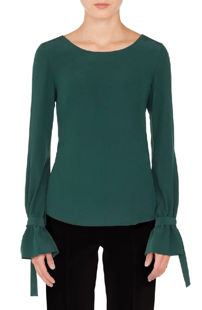 Akris Punto Round-neck Bow-cuffs Silk Blouse, Dark Green In Ivy