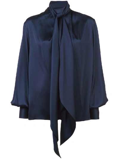 The Row Asta Tie-neck Blouson-sleeve Blouse In Navy